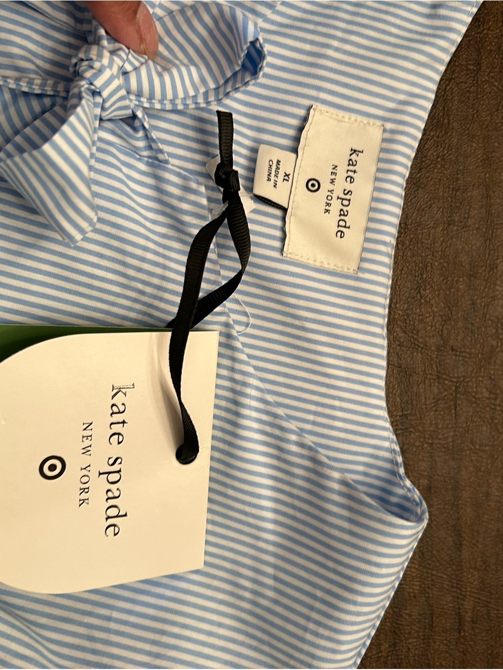 kate spade Blue and White Striped Bow-Front Puff Sleeve Blouse - Picture 9 of 12